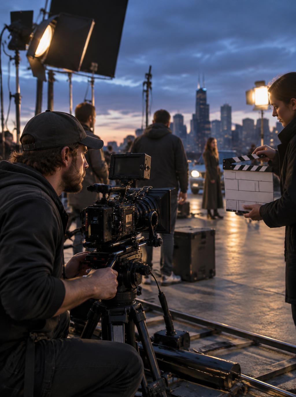 Professional film crew operating a cinema camera on set